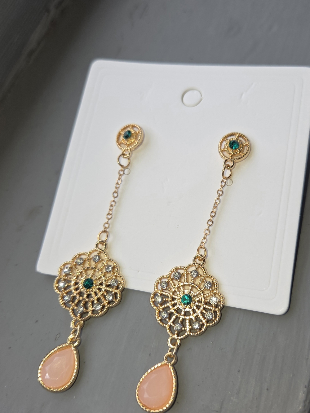 Gold Filigree Drop Earrings with Pink Teardrops and Green Accents